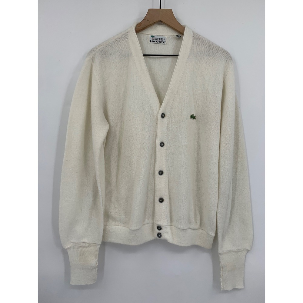 Vintage Izod Lacoste Sweater Mens Medium Cream Cardigan Acrylic V-Neck Preppy